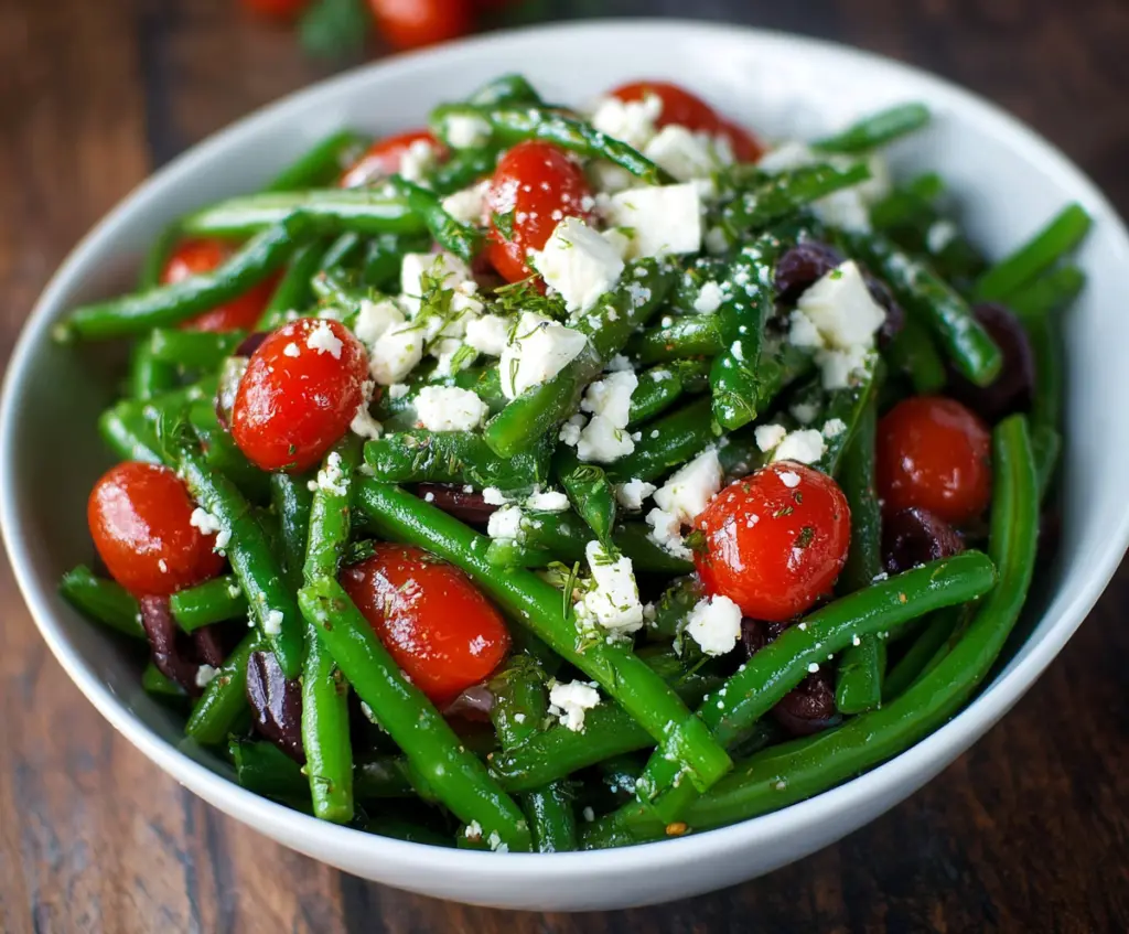 Fresh green bean and feta salad in a salad bowl, topped with herbs and lemon wedges.