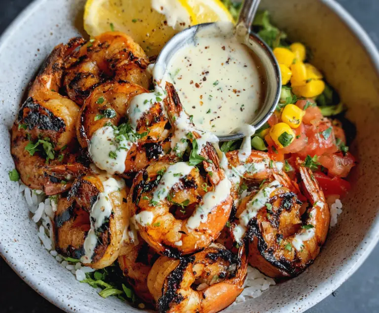 Grilled Shrimp Bowl Recipe with Creamy Garlic Sauce and Seafood Dishes