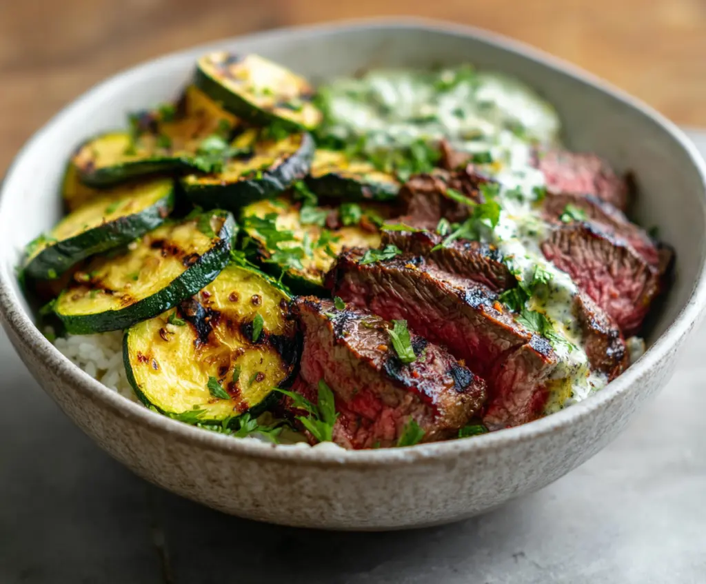 Delicious grilled steak bowl topped with fresh zucchini slices and herbs.