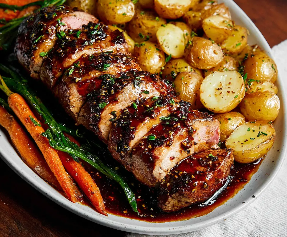 Delicious honey garlic pork tenderloin served with roasted carrots and potatoes, perfect for a savory dinner.