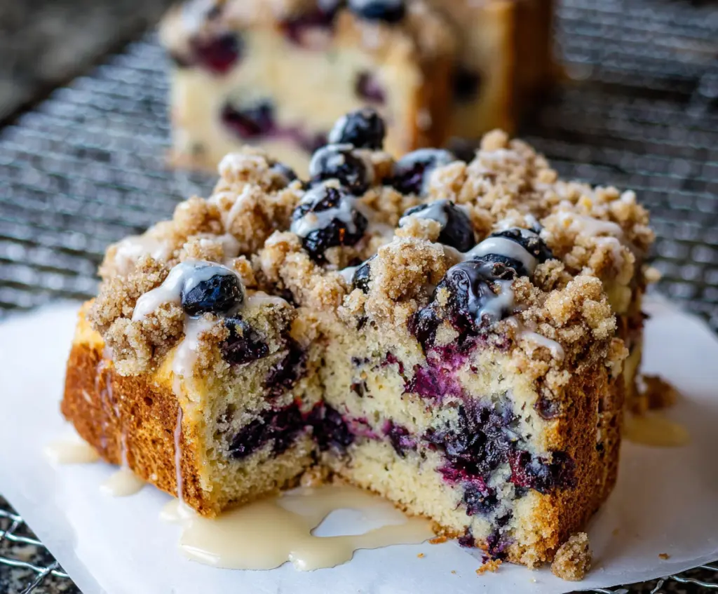Delicious Lemon Blueberry Sourdough Coffee Cake topped with fresh blueberries and lemon zest.