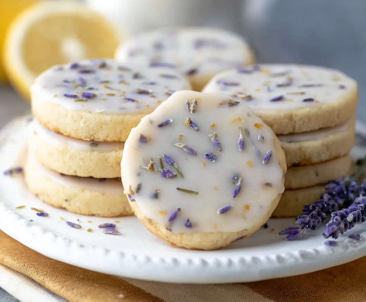 Delicious Lemon Lavender Shortbread Cookies on a decorative plate, showcasing a golden-brown color and floral lavender accents.