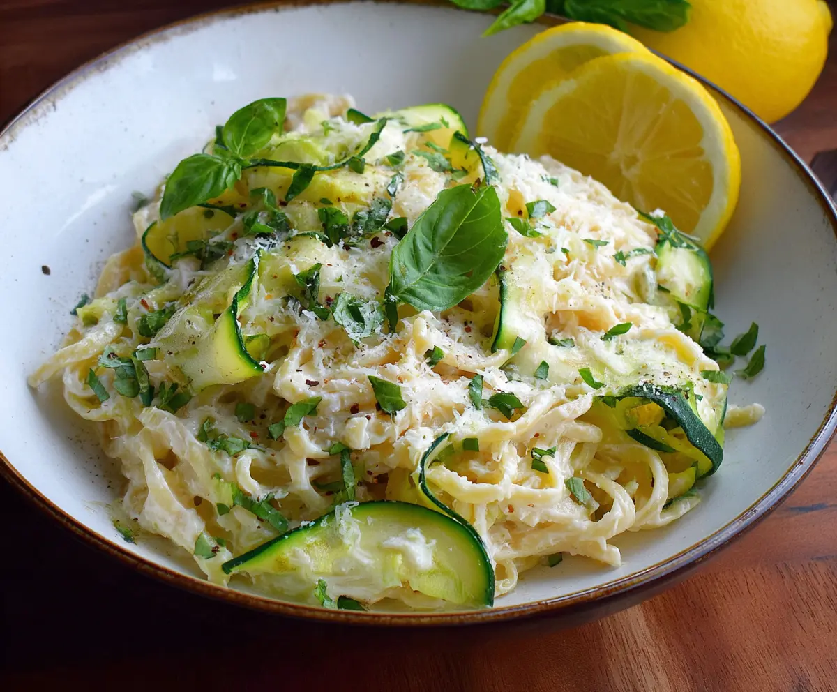 Delicious Lemon Ricotta Pasta topped with fresh zucchini ribbons and herbs.