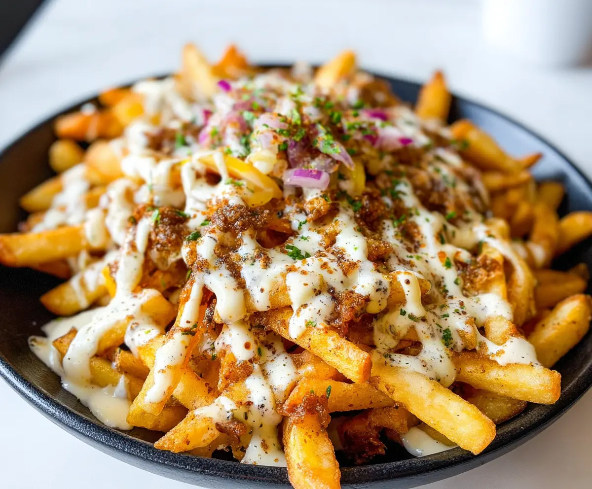Delicious Louisiana Voodoo Fries topped with spicy sauce and melted cheese served on a plate.