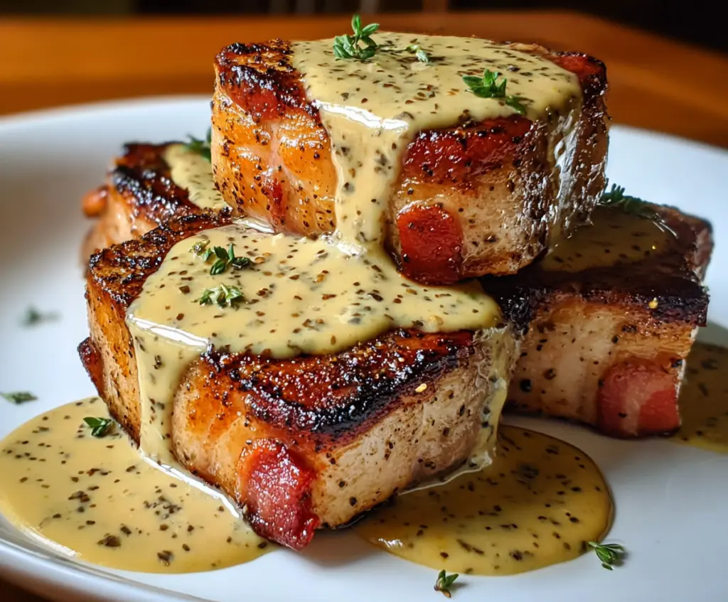 Juicy Maple Bacon Pork Chops topped with crispy bacon and served with a rich Dijon mustard cream sauce.