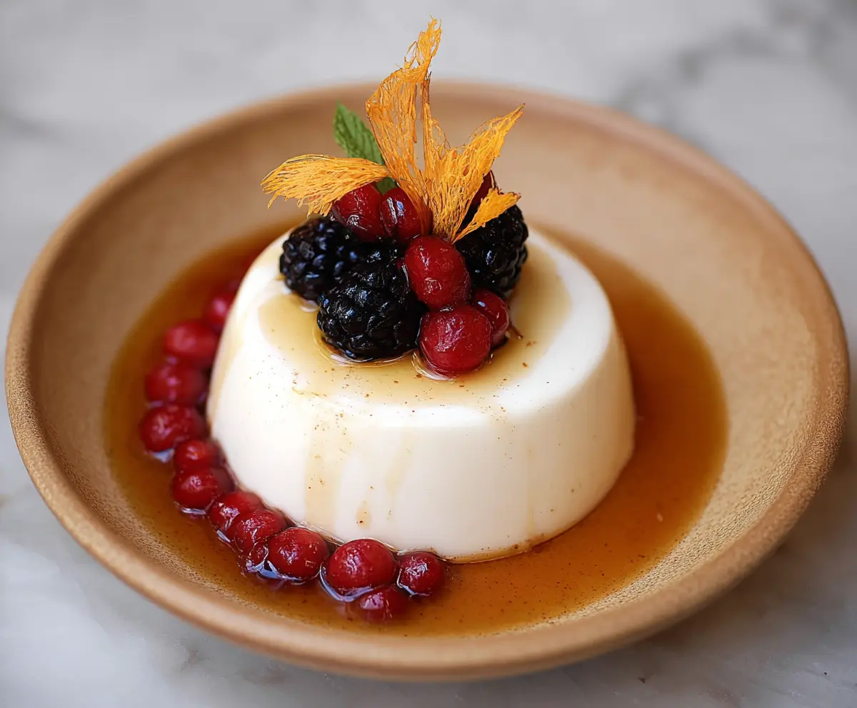Creamy Orange Blossom Honey Panna Cotta topped with vibrant Berry Compote, perfect for a luxurious dessert.