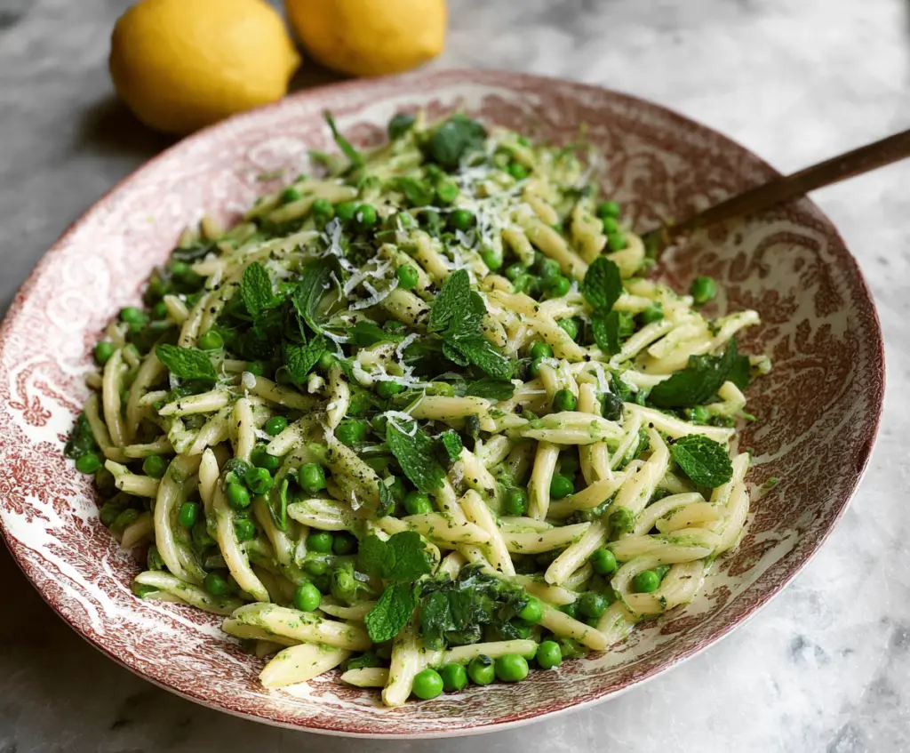 Delicious pea pasta garnished with fresh mint, drizzled with truffle oil, and lemon zest for a flavorful dish.
