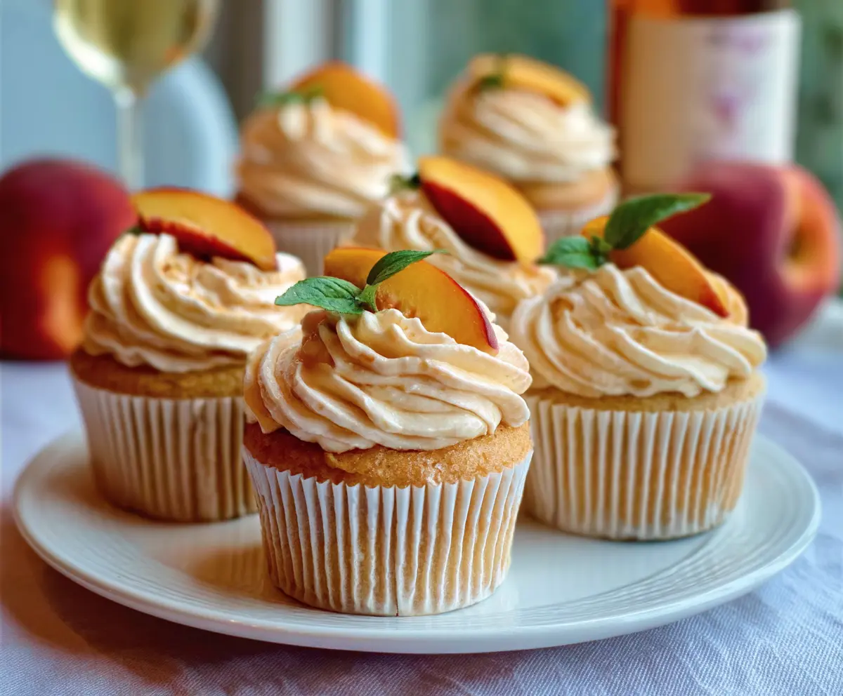 Delicious Peach Bellini Cupcakes topped with fresh peach slices and creamy frosting, perfect for summer desserts.