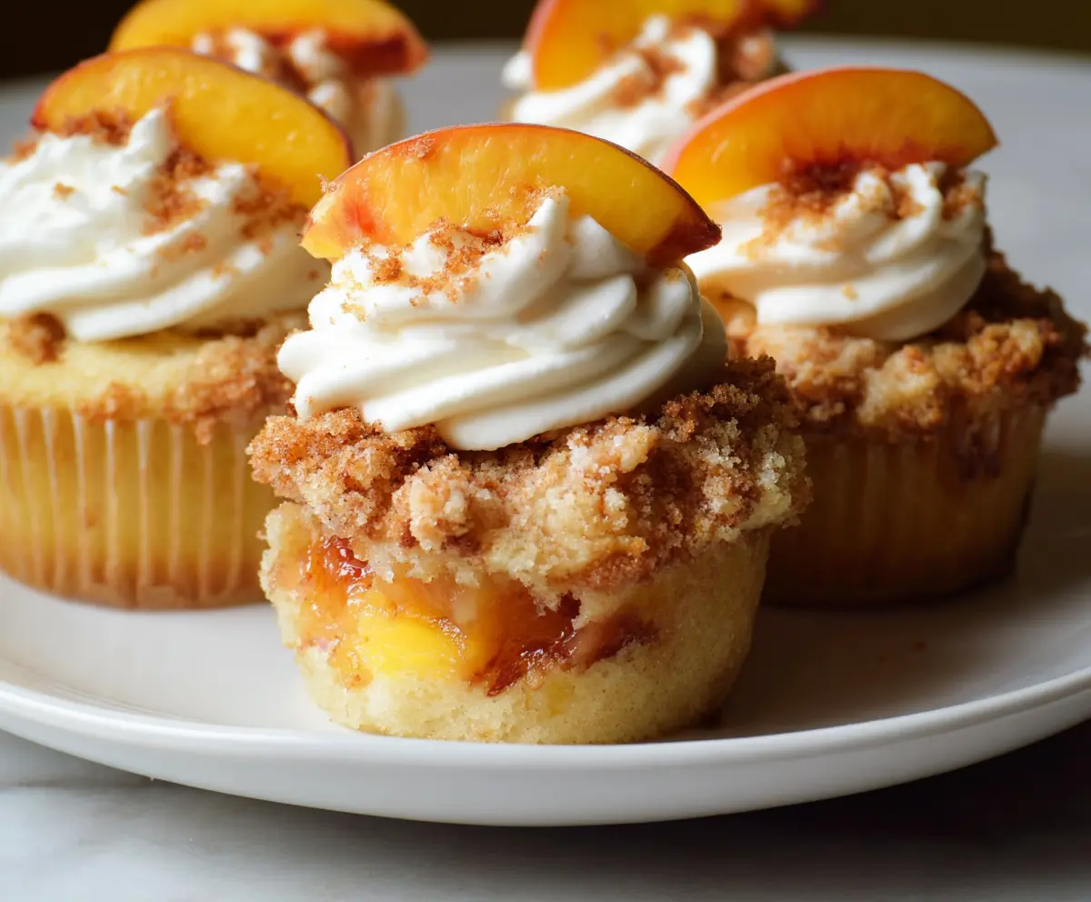 Delicious Peach Cobbler Cupcakes topped with fresh peach slices and golden crumble.