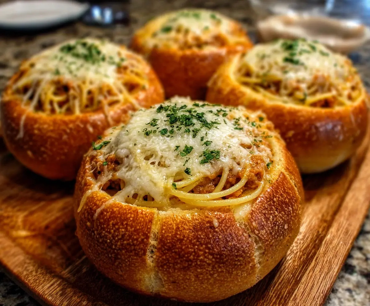 Delicious spaghetti served in garlic bread bowls with fresh herbs