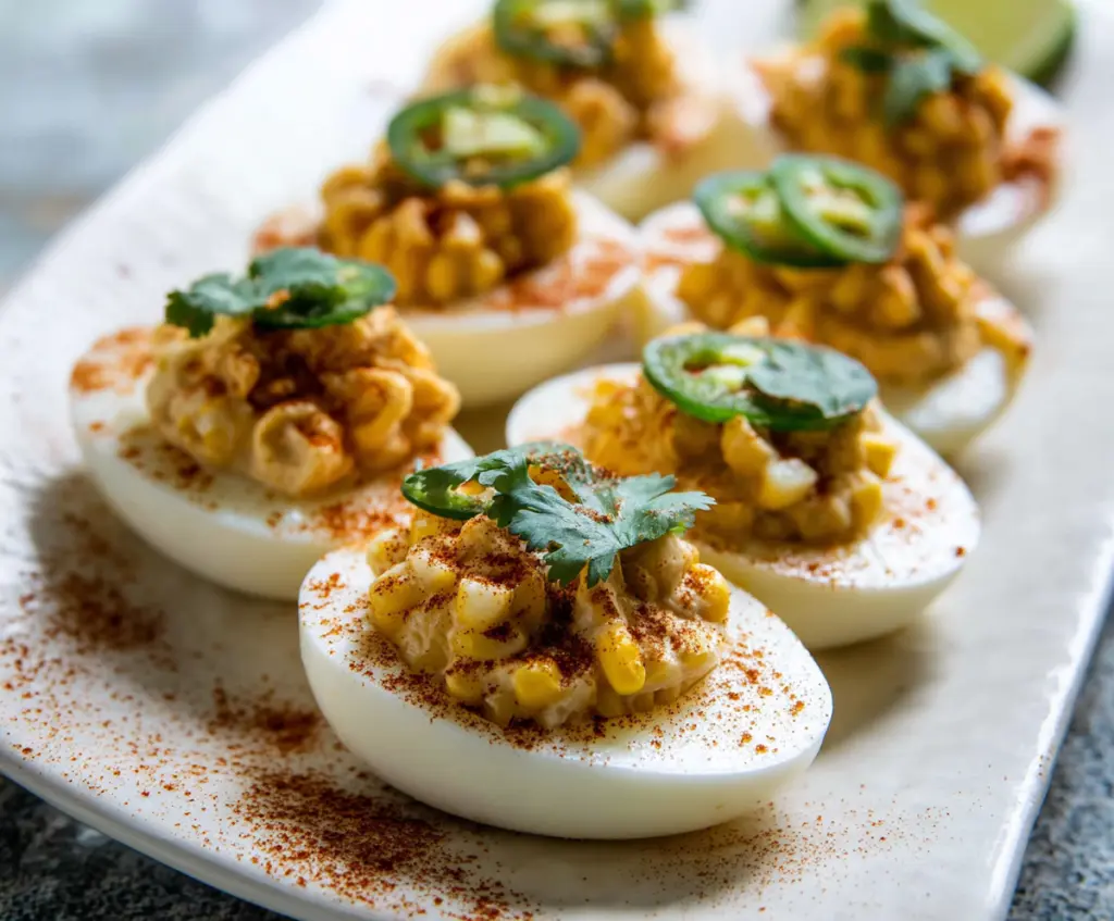 Delicious Spicy Elote Deviled Eggs topped with cheese, chili powder, and fresh herbs, perfect for snacking or parties.