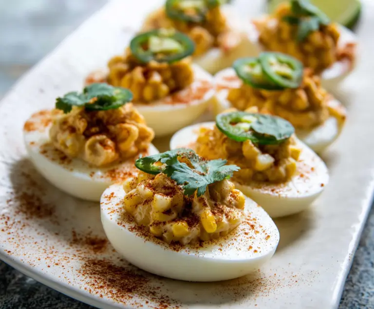 Spicy Elote Deviled Eggs