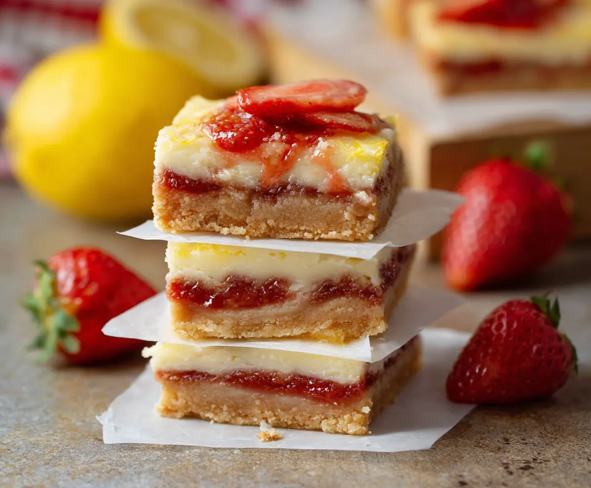 Delicious Springtime Strawberry Lemon Cheesecake Bars with fresh strawberries and zesty lemon slices on top.