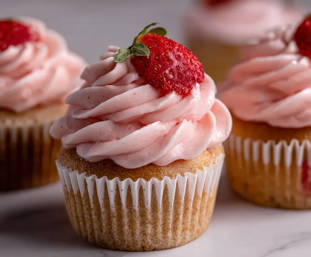 Delicious homemade strawberry cupcakes topped with fresh strawberries and creamy frosting.