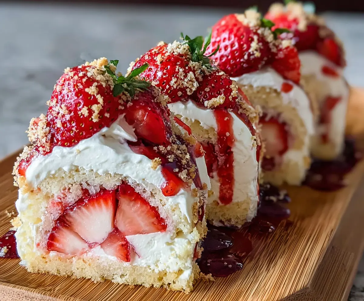 Delicious strawberry shortcake cheesecake sushi rolls topped with fresh strawberries and whipped cream.
