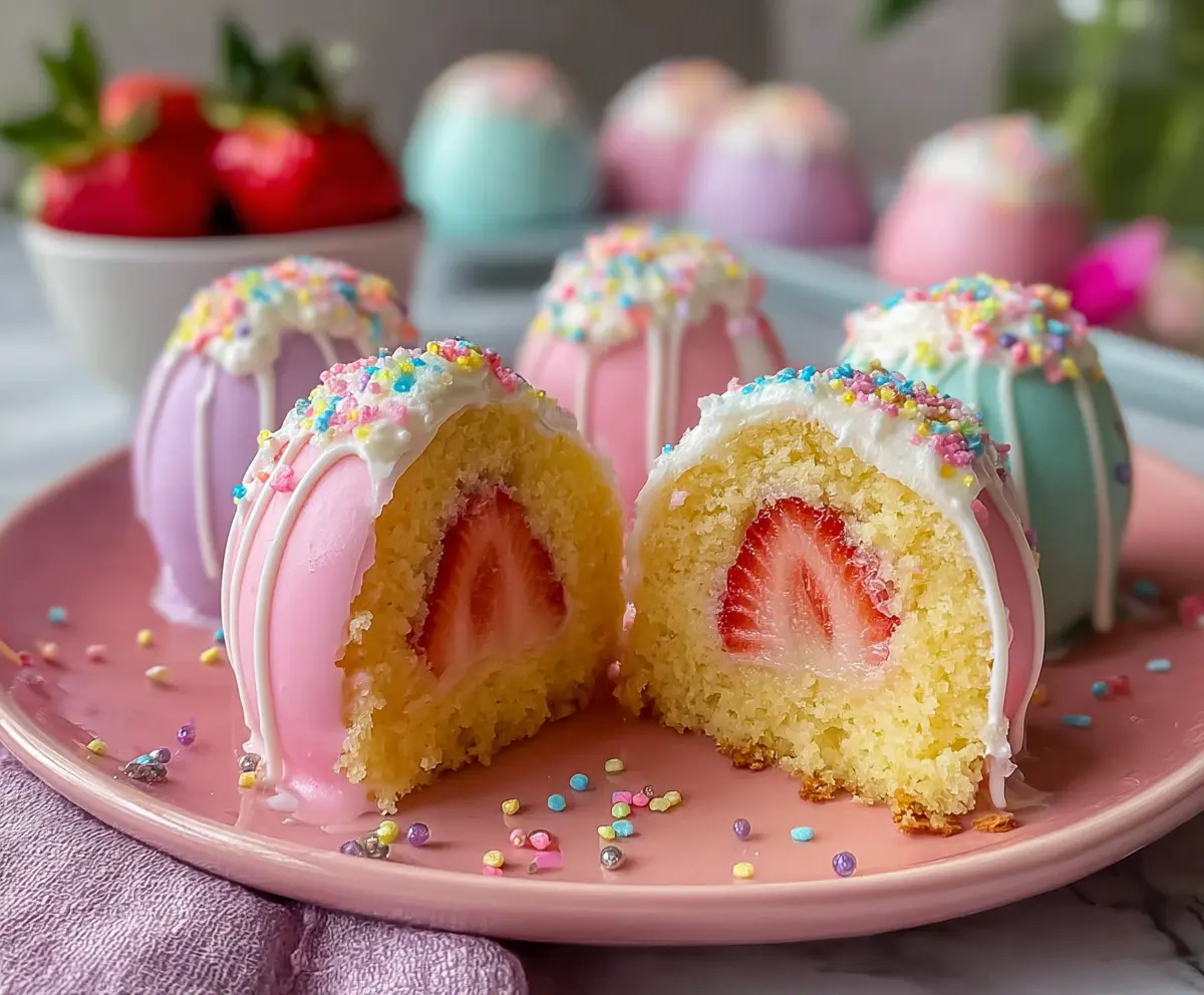 Delicious Strawberry Shortcake Easter Egg Bombs garnished with fresh strawberries and whipped cream for a festive spring dessert.