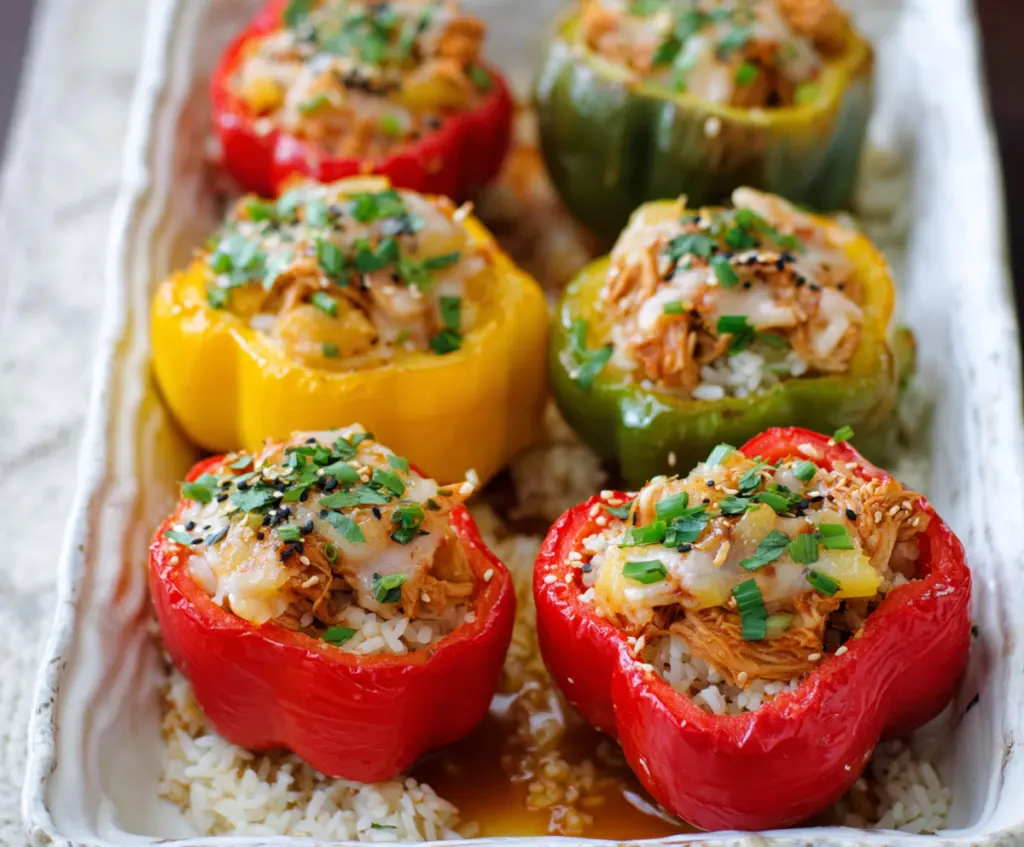 Delicious Teriyaki Pineapple Chicken and Rice Stuffed Peppers garnished with fresh herbs.