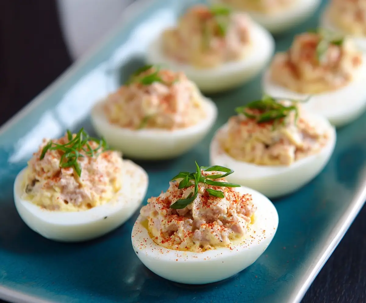Delicious Tuna Deviled Eggs garnished with fresh herbs on a white plate.
