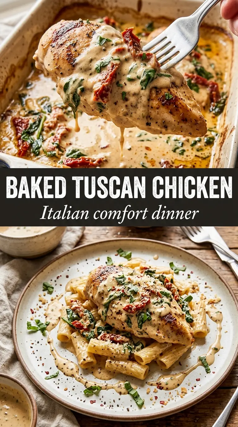 Baked Tuscan Chicken creamy skillet, sun-dried tomatoes, spinach