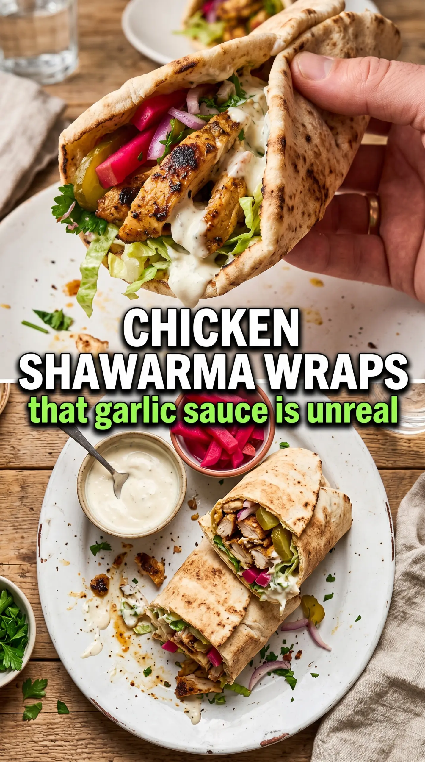 Chicken Shawarma with Garlic Sauce juicy spiced, creamy, pita wrap