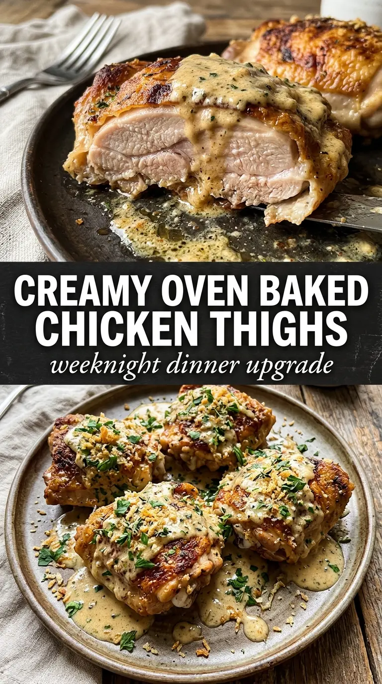 Creamy Oven Baked Chicken Thighs golden crispy garlicky