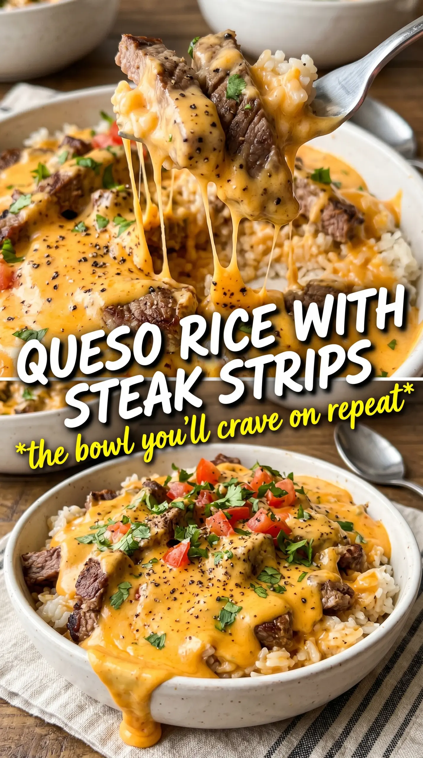 Creamy queso rice with steak strips, cheesy, Tex-Mex, bowl