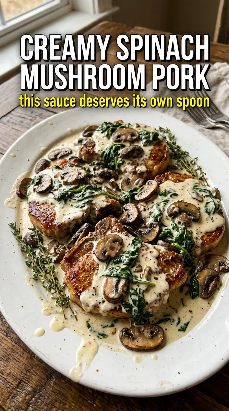 Creamy Spinach Mushroom Pork Chops with mushrooms, spinach, and creamy skillet sauce