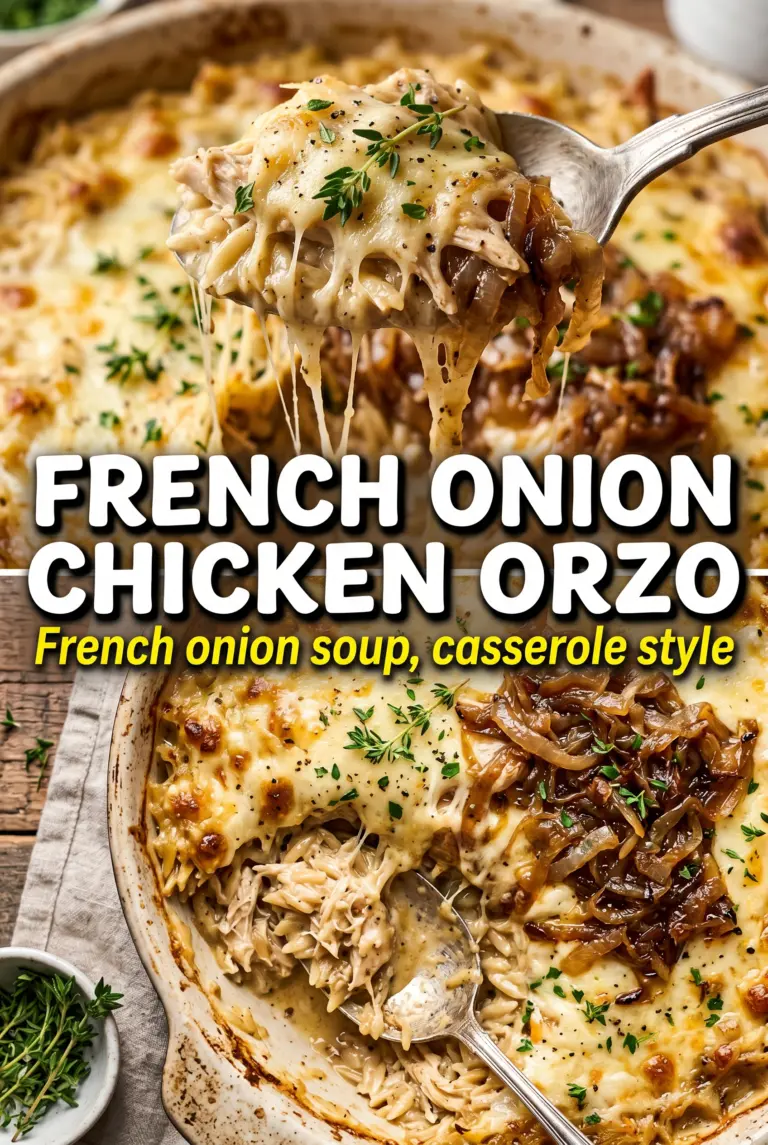 French Onion Chicken Orzo Casserole