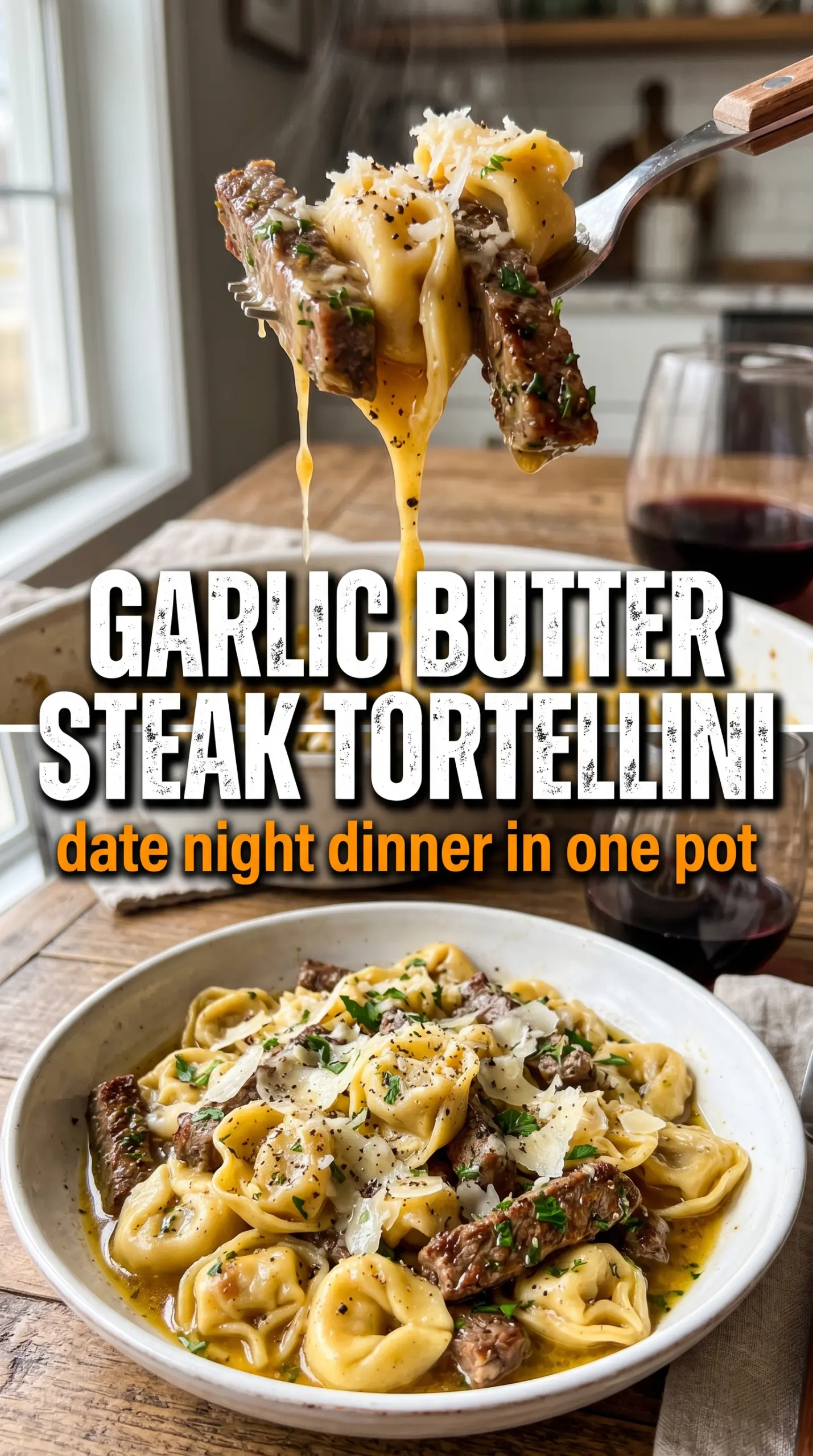 Garlic Steak Tortellini with cheesy pasta and seared steak