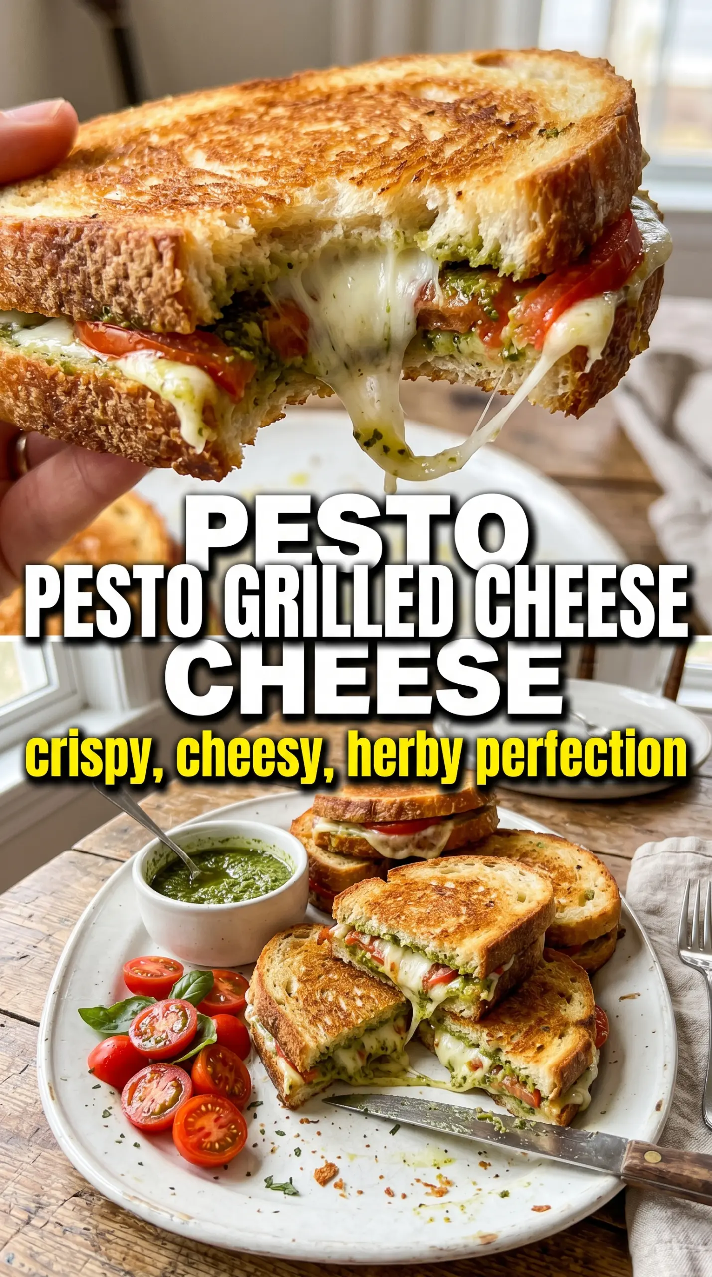 Pesto Grilled Cheese with basil pesto, mozzarella, and sun-dried tomatoes