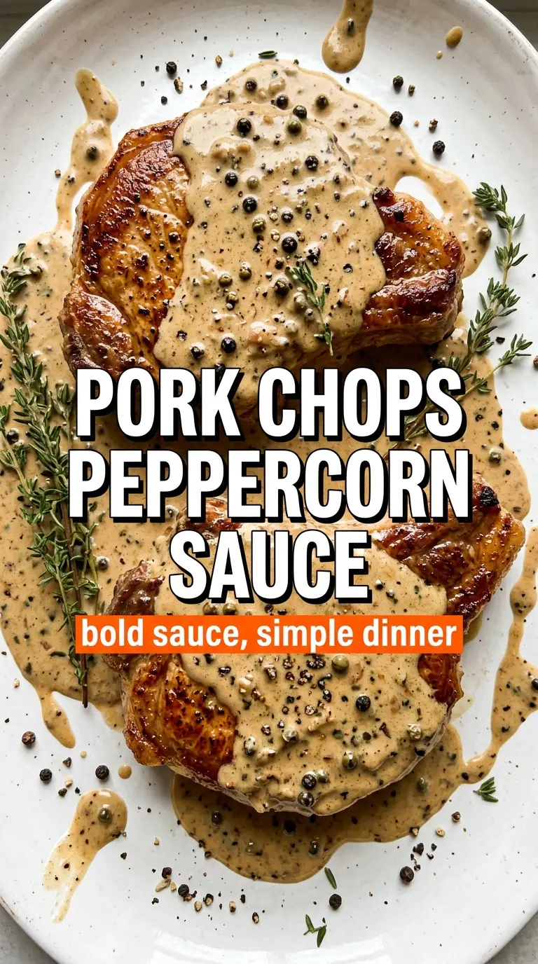 Pork chops with peppercorn sauce, creamy, seared, glossy
