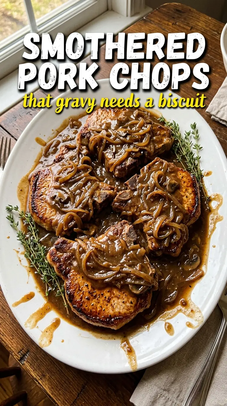 Smothered Pork Chops dark gravy, tender pork, Southern comfort