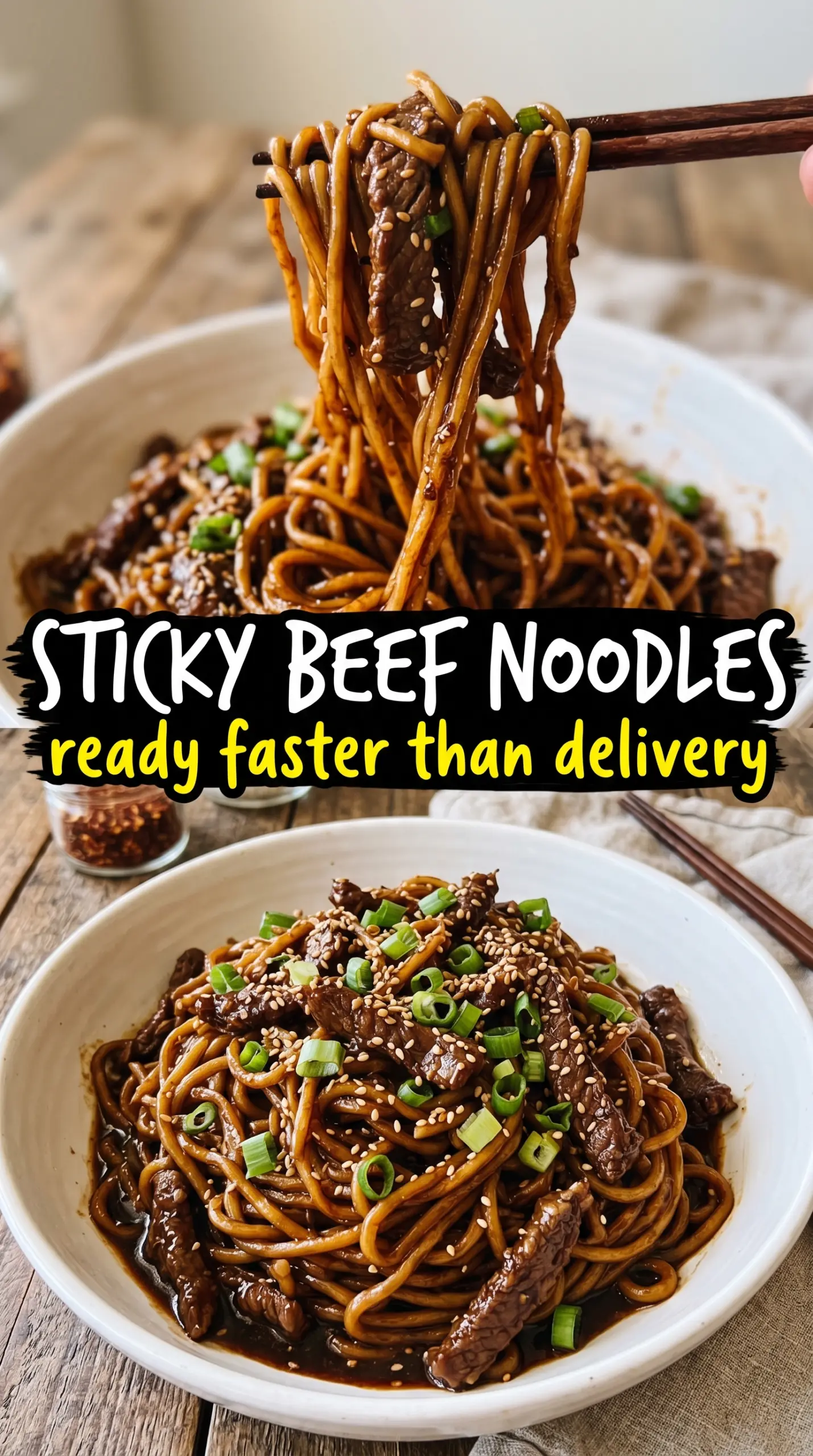Sticky Beef Noodles glossy ramen beef sesame ginger