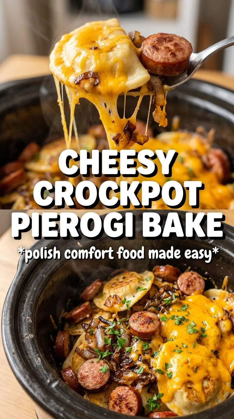 Crockpot Pierogi Casserole with Kielbasa creamy cheesy