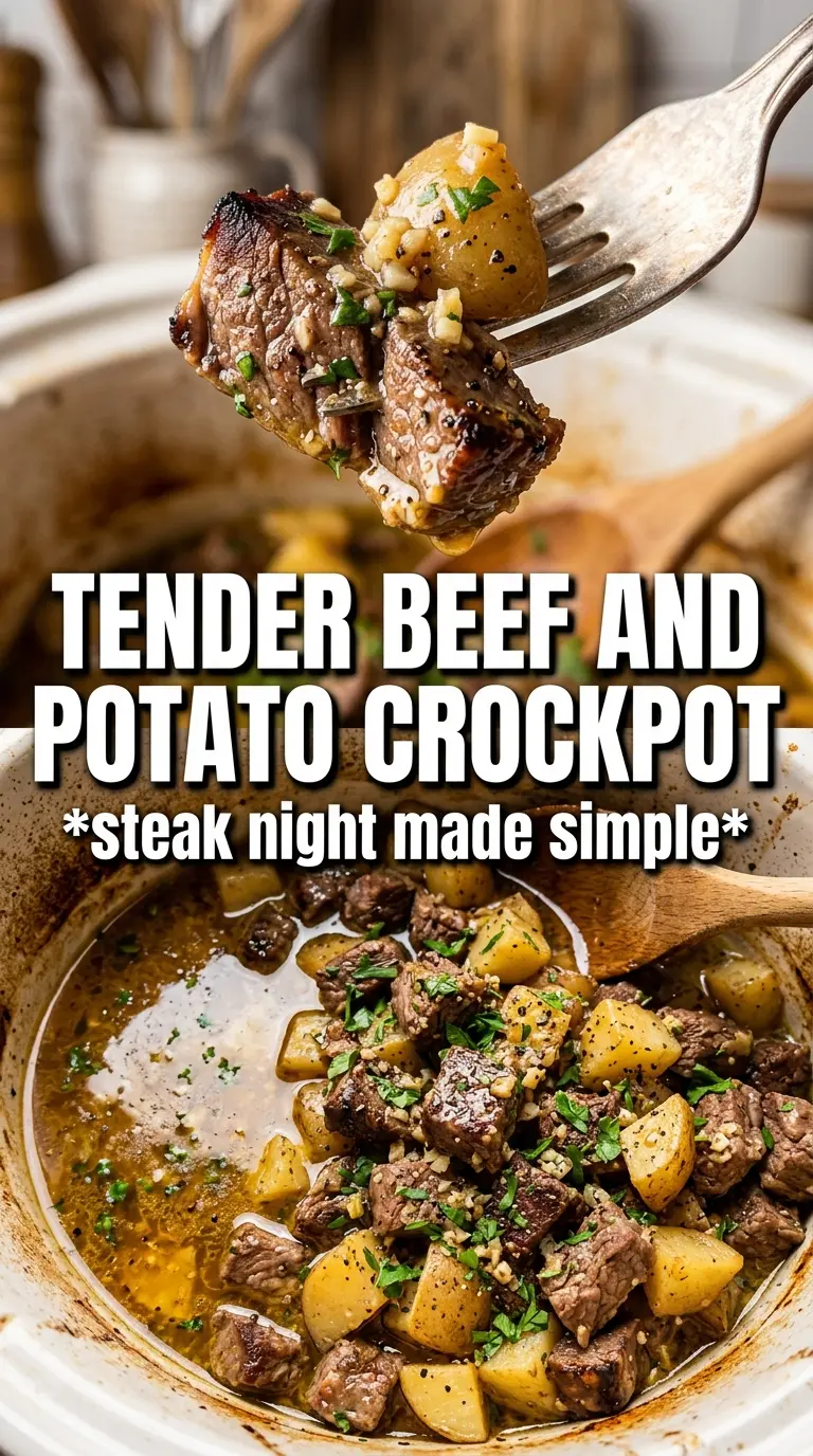 Slow Cooker Garlic Butter Beef Bites with Potatoes, tender beef, glossy sauce