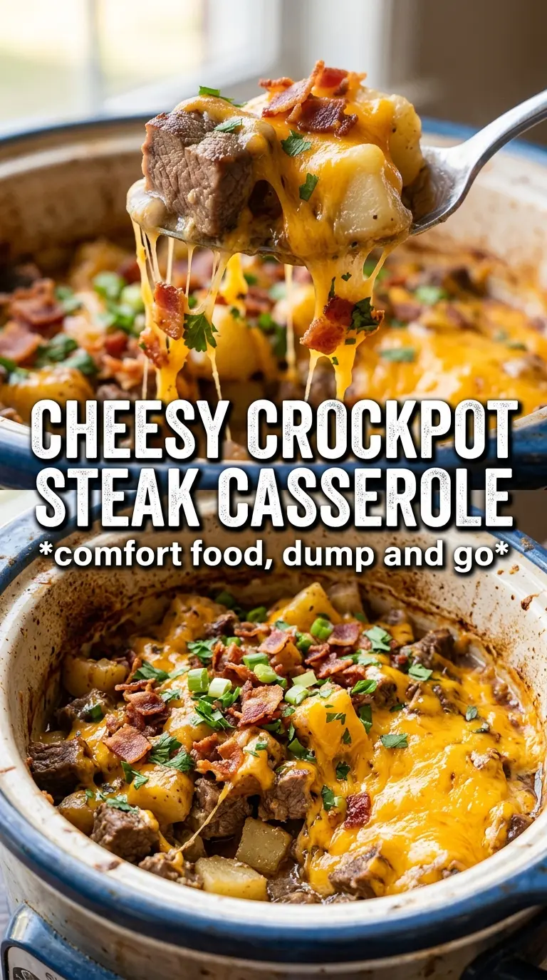 Slow Cooker Steak and Cheddar Potato Casserole cheesy steak potato layers