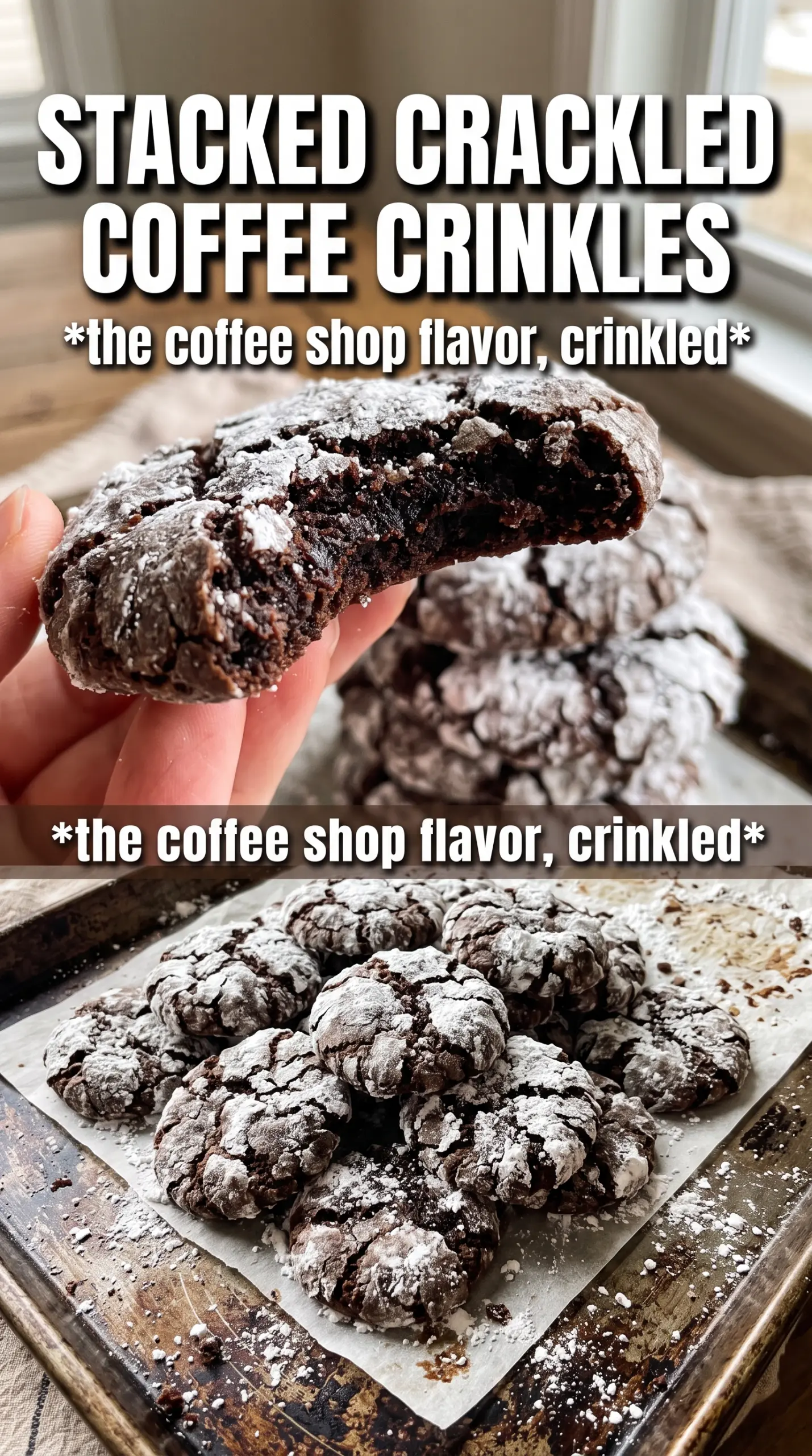 Cinnamon Coffee Crinkle Cookies, crinkled powdered sugar