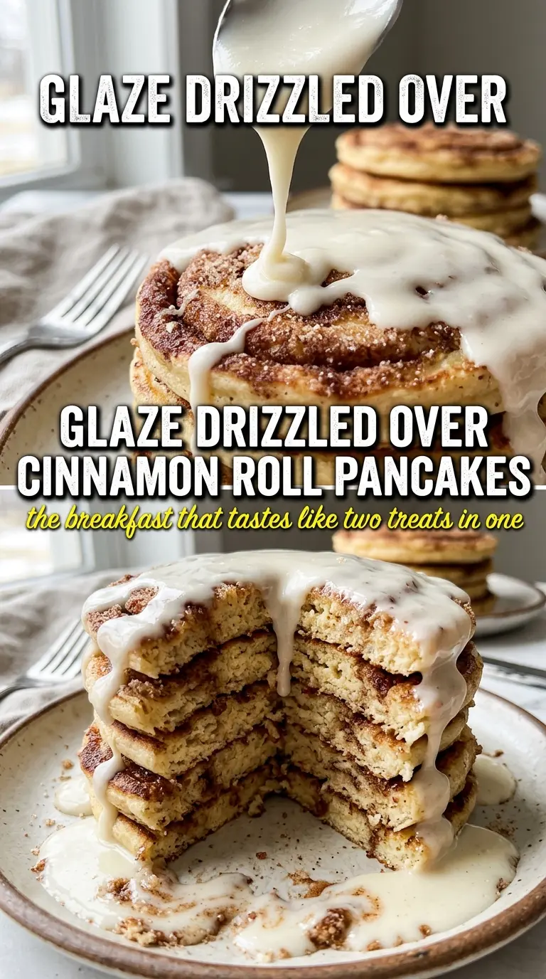 Pumpkin Cinnamon Roll Pancakes golden swirl creamy glaze