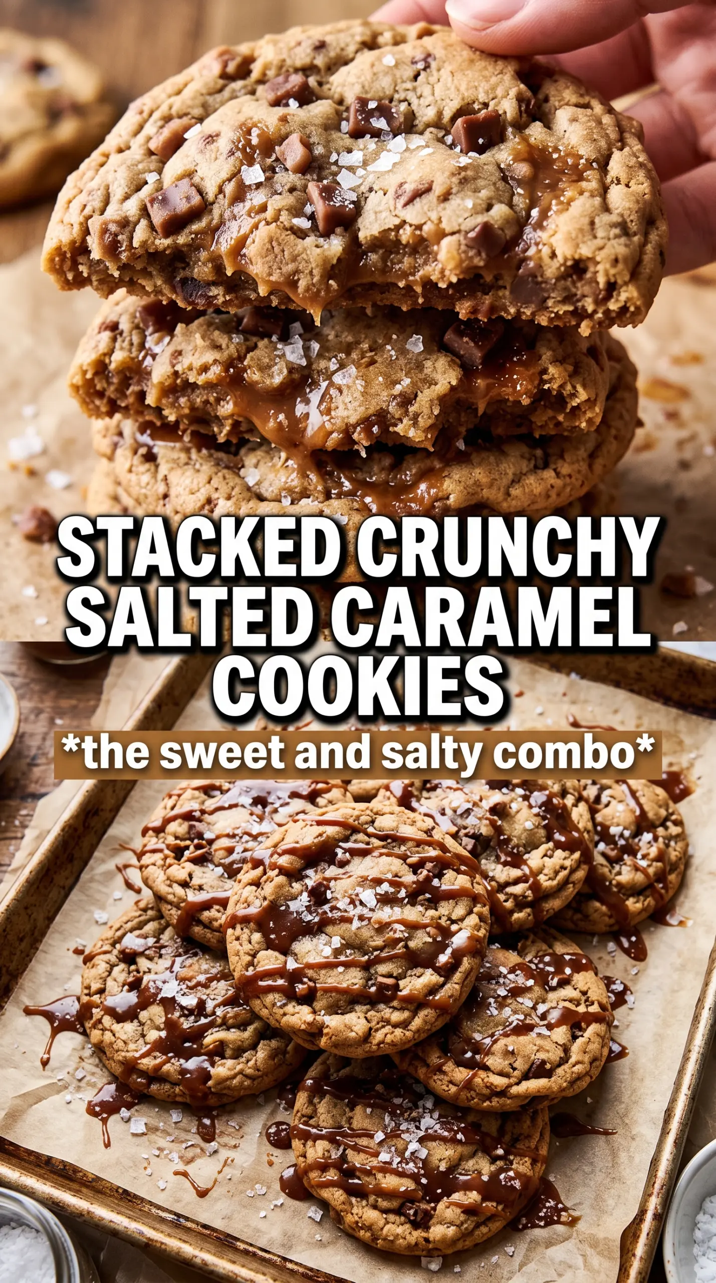 Salted Caramel Toffee Cookies with toffee, caramel, flaky salt